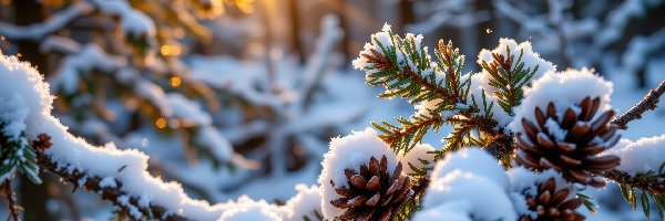 Zachód słońca, Szyszki, Las, Grafika AI, Gałąź, Ośnieżona