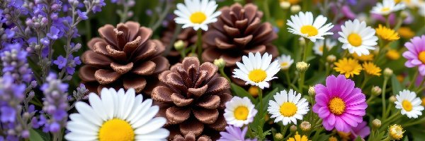 Kolorowe, Lawenda, Kwiaty, Szyszki, Stokrotki