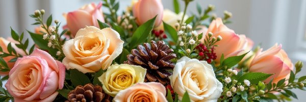 Kwiaty, Szyszki, Róże, Grafika AI, Liście