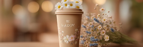 Bukiet, Kwiaty, Stokrotki, Grafika AI, Kawa, Kubek