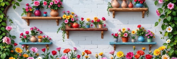 Kwiaty, Półki, Kolorowe, Doniczki, Ściana, Murowana