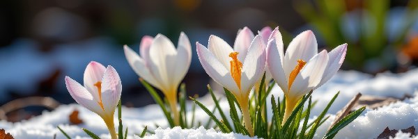 Śnieg, Krokusy, Biało-fioletowe