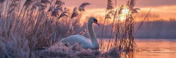 Grafika AI, Zarośla, Jezioro, Trawy, Oszronione, Łabędź