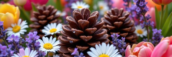 Grafika AI, Stokrotki, Lawenda, Kolorowe, Kwiaty, Szyszki, Tulipany