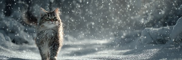 Śnieg, Zima, Grafika AI, Kot