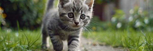 Trawa, Kotek, Chodnik, Grafika AI, Szary, Kot