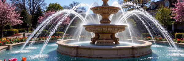 Fontanna, Park, Kwiaty, Grafika AI, Wiosna