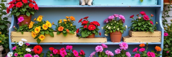 Półki, Doniczki, Skrzynki, Niebieskie, Kwiaty, Kot