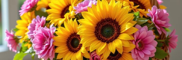 Różowe, Koszyk, Słoneczniki, Kwiaty