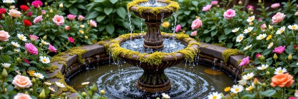 Kolorowe, Ogród, Kwiaty, Fontanna