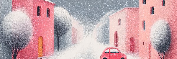 Drzewa, Samochód, Zima, Grafika AI, Domy, Różowe