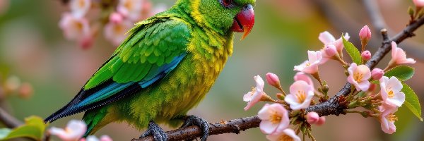 Zielona, Kwiaty, Papuga, Grafika AI, Gałązka