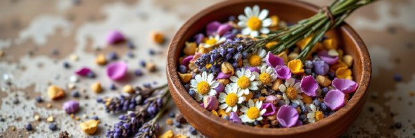 Lawenda, Rumianek, Miska, Kwiaty