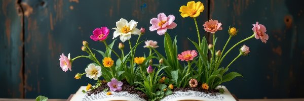 Rozłożona, Kolorowe, Książka, Ściana, Kwiaty