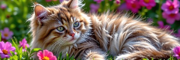 Puszysty, Trawa, Kwiaty, Kot