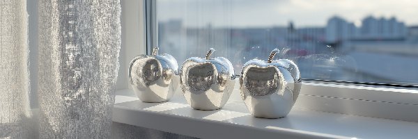 Firana, Srebrne, Jabłka, Trzy, Dekoracja, Parapet, Okno