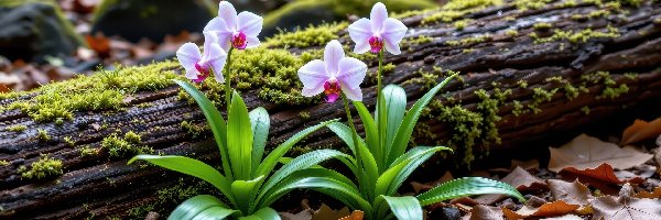 Jasnoróżowe, Listki, Storczyki, Mech, Kłoda