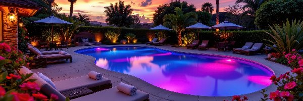 Basen, Palmy, Ogród, Grafika AI, Zachód słońca