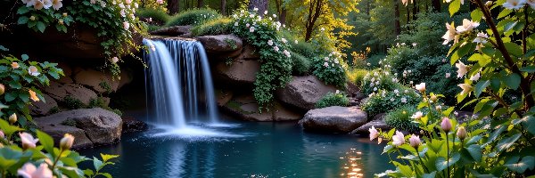 Grafika AI, Kwiaty, Zachód słońca, Staw, Las, Wodospad