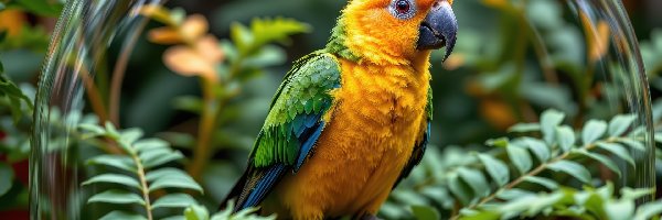 Papuga, Szklana, Liście, Grafika AI, Kula