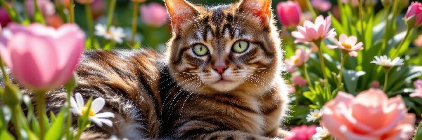 Leżący, Kwiaty, Bury, Kot