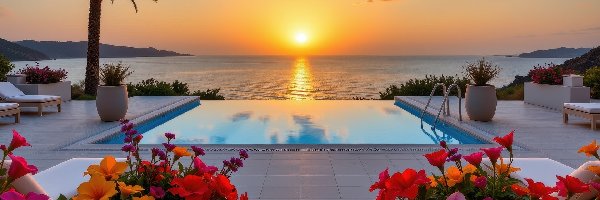 Palma, Zachód słońca, Leżaki, Donice, Basen, Kolorowe, Kwiaty, Morze