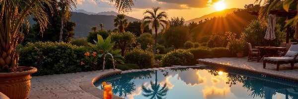 Basen, Leżaki, Palmy, Góry, Zachód słońca