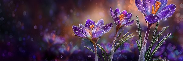 Fioletowe, Kwiaty, Krokusy, Grafika AI, Krople