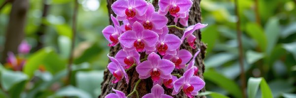 Fioletowe, Storczyki, Pnące, Pień, Drzewo