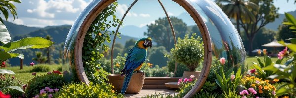 Ara, Papuga, Kopuła, Szklana, Ogród, Kamienie, Kwiaty, Siedząca, Donica