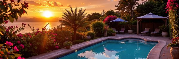 Zachód słońca, Palmy, Parasole, Leżaki, Basen, Chmury, Morze