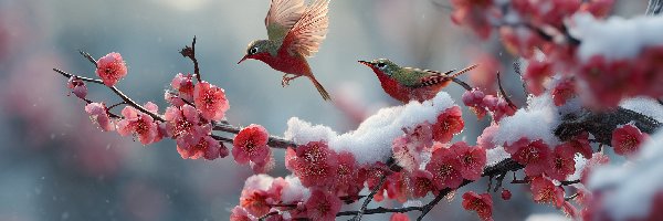 Grafika AI, Czerwone, Kwiaty, Ptaki, Zielono-czerwone, Śnieg, Gałązka