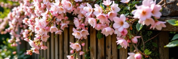 Płot, Kwiaty, Drzewo owocowe, Grafika AI, Różowe, Gałązki