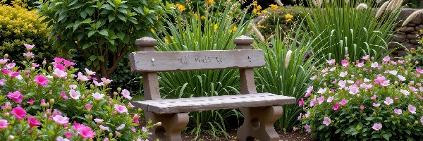 Kwiaty, Ławka, Rośliny, AI, Kwitnące, Trawa, Krzewy, Ogród