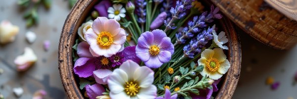 Okrągłe, Pudełko, Drewniane, Kwiaty, Lawenda