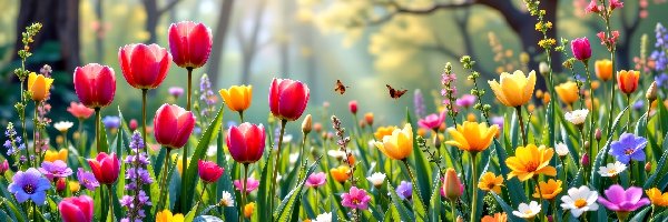 Tulipany, Grafika AI, Łąka, Kwiaty