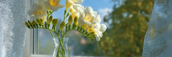 Firanki, Wazonik, Okno, Grafika AI, Frezje, Białe