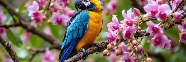 Niebiesko-żółta, Storczyki, Papuga, Ara, Gałązki, Kwiaty