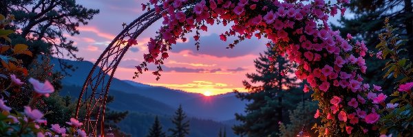 Drzewa, Kwiaty, Zachód słońca, Różowe, Łuk, Góry, Latarnie