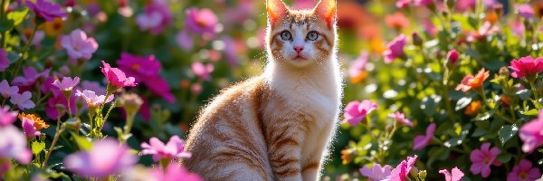 Kot, Kwiaty, Kolorowe, Rudo-biały