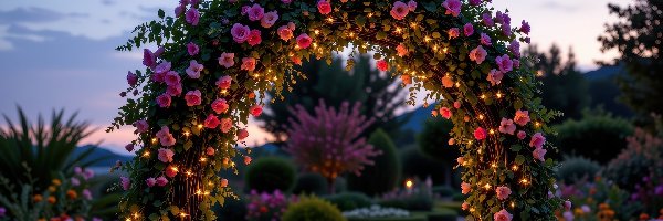 Rośliny, Łuk, Kwiaty, Różowe, Kwiatowy, Lampiony, Alejka, Ogród