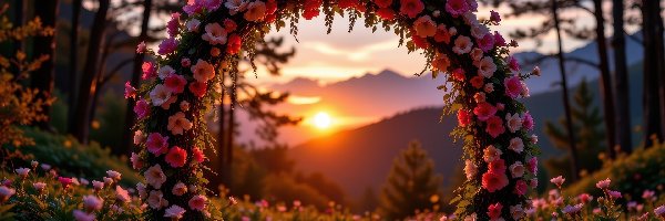 Kwiaty, Zachód słońca, Góry, Łuk, Kwiatowy, Kolorowe, Drzewa