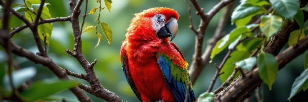Grafika AI, Kolorowa, Papuga, Ara, Ptak, Listki, Gałązki