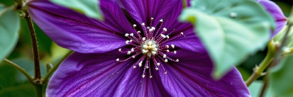 Fioletowy, Kwiat, Powojnik, Grafika AI, Liście