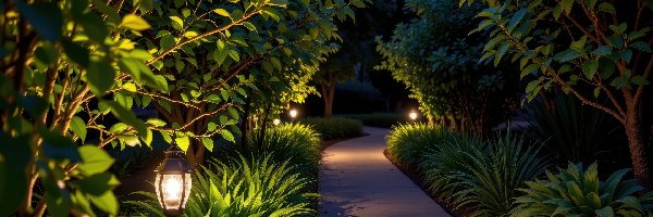 Ogród, Rośliny, Drzewa, Chodnik, Latarnie