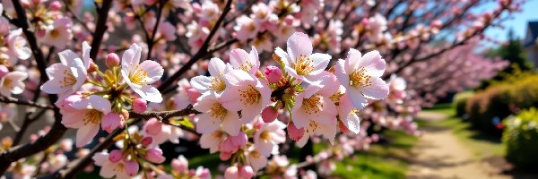 Ścieżka, Kwitnące, Drzewo owocowe, Grafika AI, Gałązka, Kwiaty