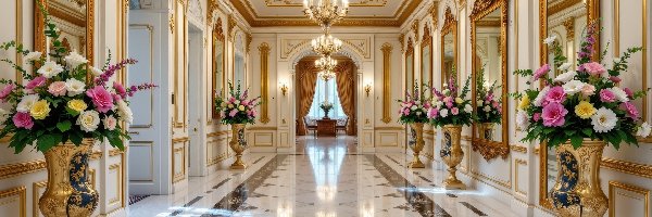 Wazony, Hol, Żyrandole, Kwiaty, Korytarz, Bukiety, Kolorowe, Wnętrze