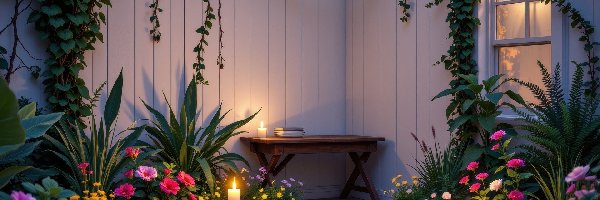 Świece, Kwiaty, Ogródek, Rośliny, Lampion, Stół, Pnące, Kolorowe