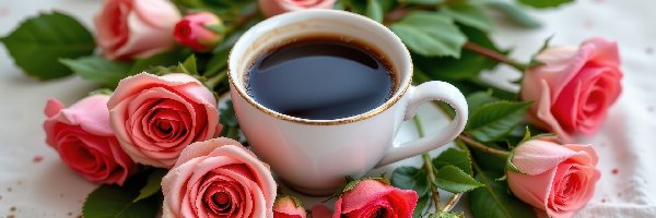 Różowe, Talerzyk, Kawa, Róże, Filiżanka, Biała