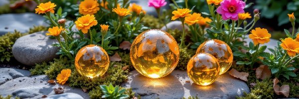 Rośliny, Kwiaty, Kamienie, Różowe, Żółte, Kule, Żółte